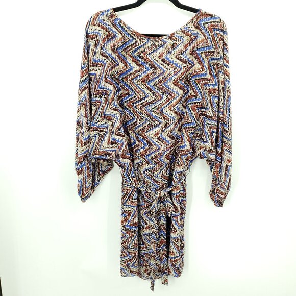 Parker 100% Silk Geometric Printed Balloon Sleeve Mini Dress Batwing Sz M Multi - Picture 1 of 15